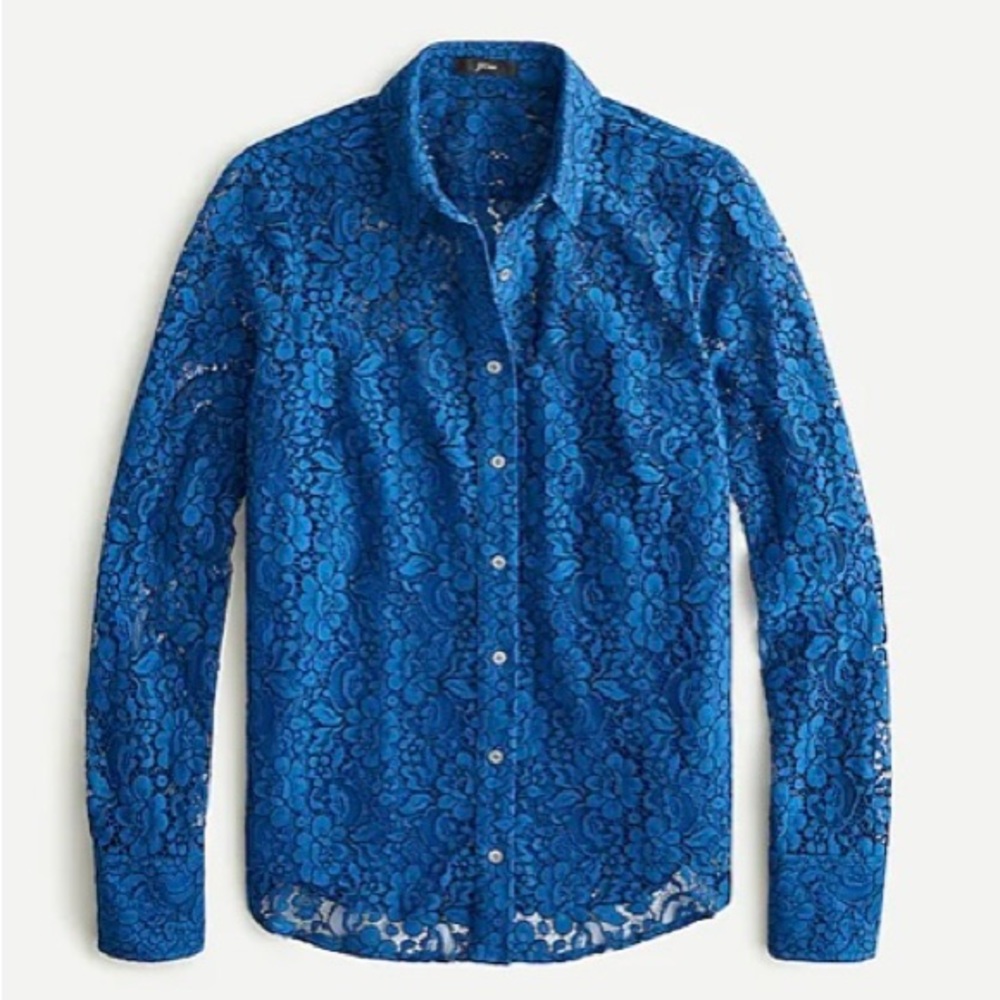 J. Crew Classic-fit lace button-up top Size 8 Baroque Blue collar with camisole